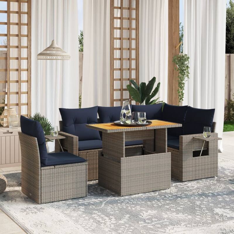 vidaXL Patio Sofa Set with Cushions Outdoor Furniture 6 Piece Poly Rattan - 24.4 x 24.4 x 27.2 - Grey and Navy Blue-Table+corner+2 middle+2 Sofa