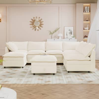 8pc Modular Sofa Bed wStorage and Ottoman, U-shape Upholstered Couch