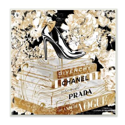 Stupell Fashion Heels and Books Black Gold Designer Details Wood Wall Art,12x12