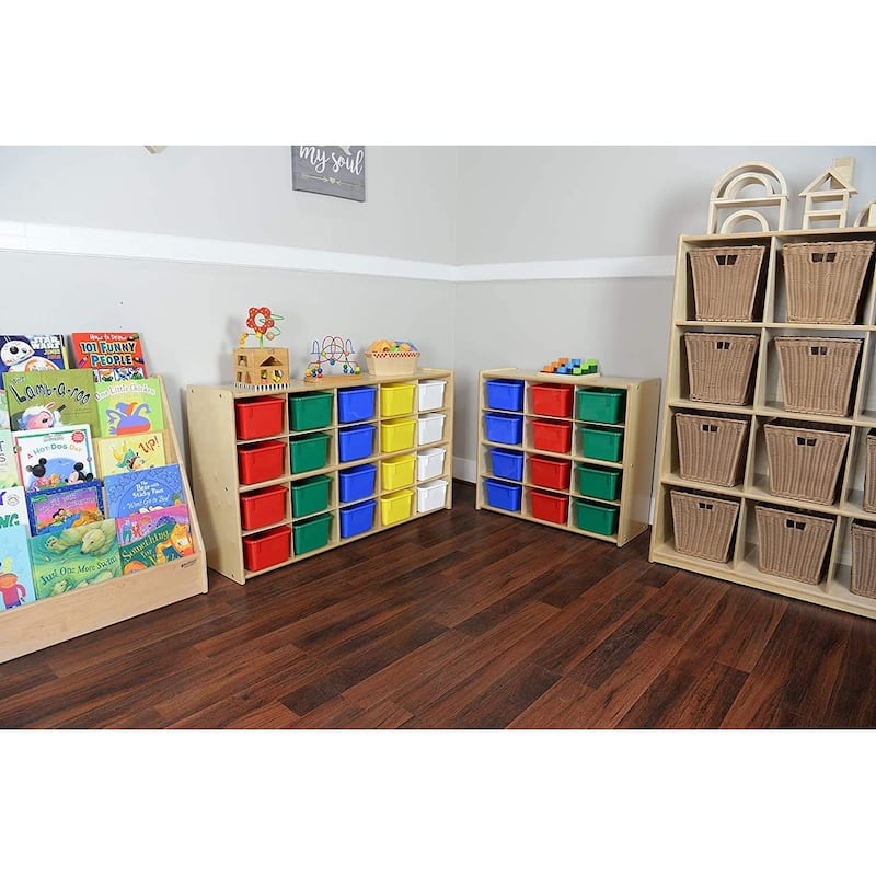 Wood Designs 12 Cubby Storage Cabinet with Assorted Color Bins, Montessori Kids Toy Storage Organizer for Kindergarten - 30"