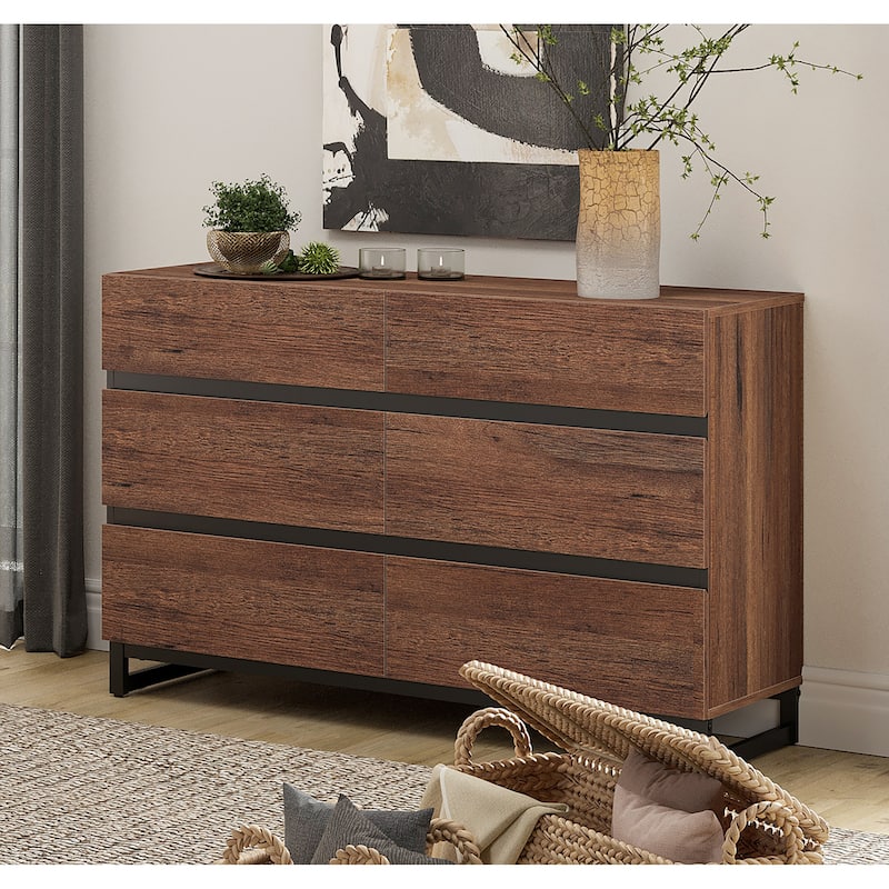 WAMPAT Dresser for Bedroom, Closet Organizers and Storage with Drawers, Chest of Drawers with Metal Base, Modern Wooden Dresser - Brown - 6-drawer