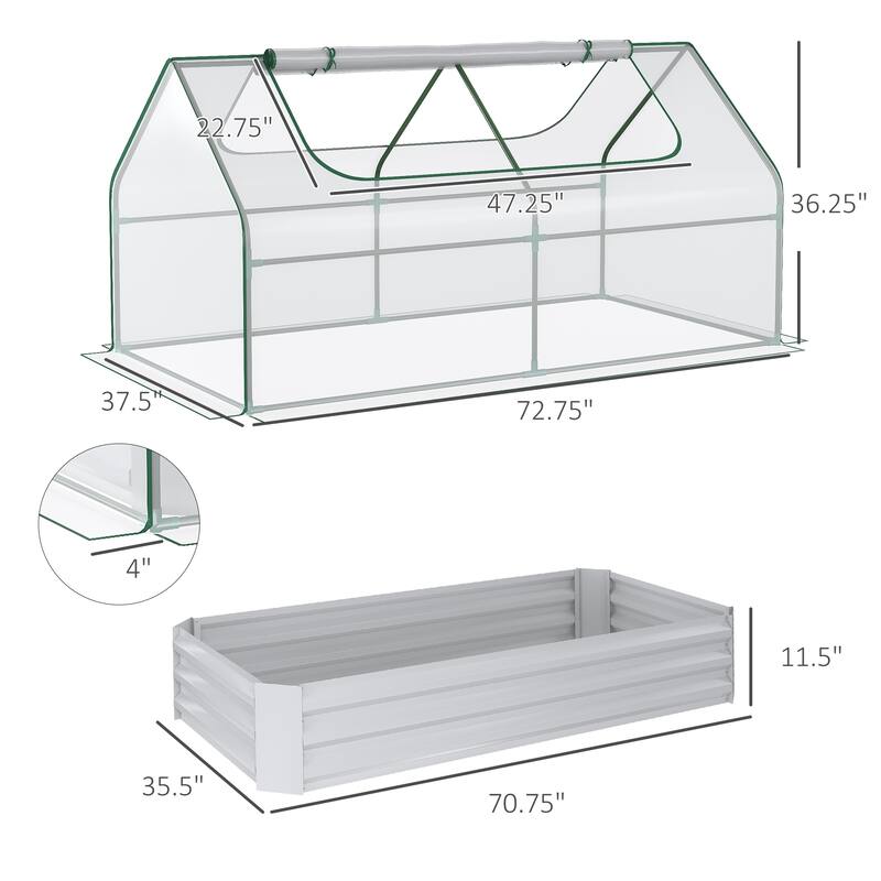 Outsunny Raised Garden Bed with Mini Greenhouse, Steel Outdoor Planter Box with Plastic Cover, Roll Up Window