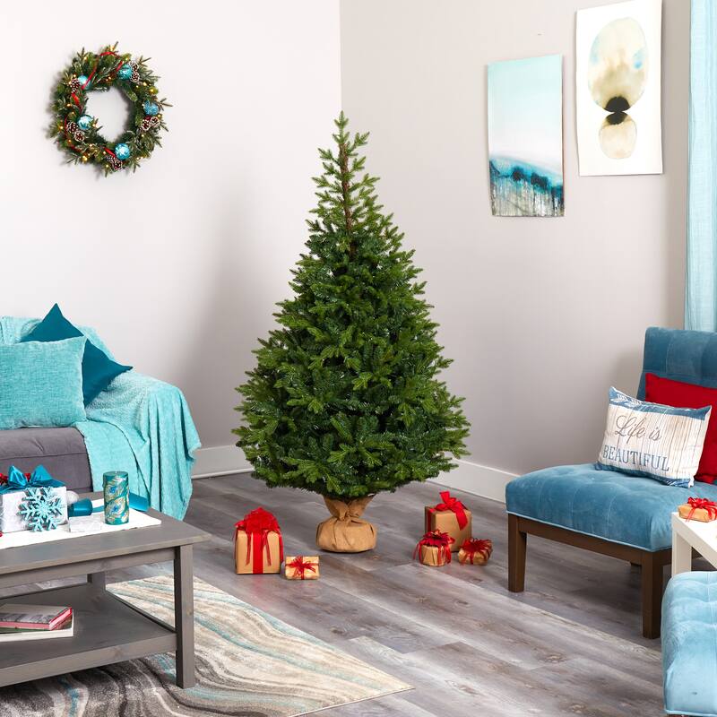 6' Fraser Fir "Natural Look" Artificial Christmas Tree with 300 Clear LED Lights, a Burlap Base and 2113 Bendable Branches