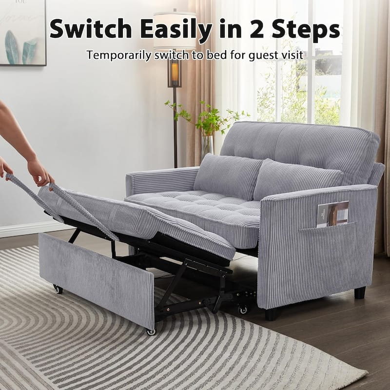 Sleeper Sofa Bed, 52" Convertible Pull Out Couch with Small Table,USB Port,Side Pockets,Corduroy Fabric,Adjustable Backrest