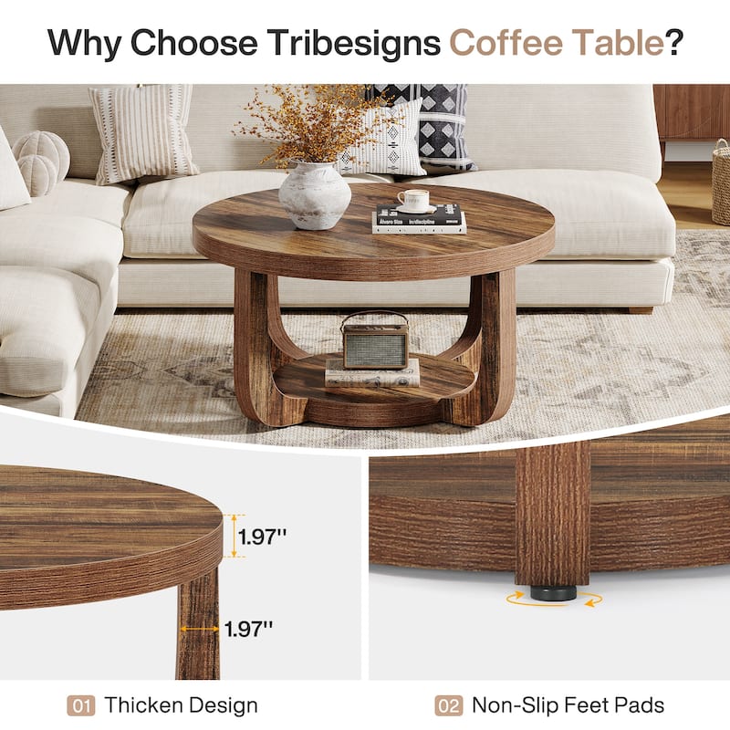 2-Tier Round Coffee Table, Wooden Accent Center Table for Living Room, Brown - Large