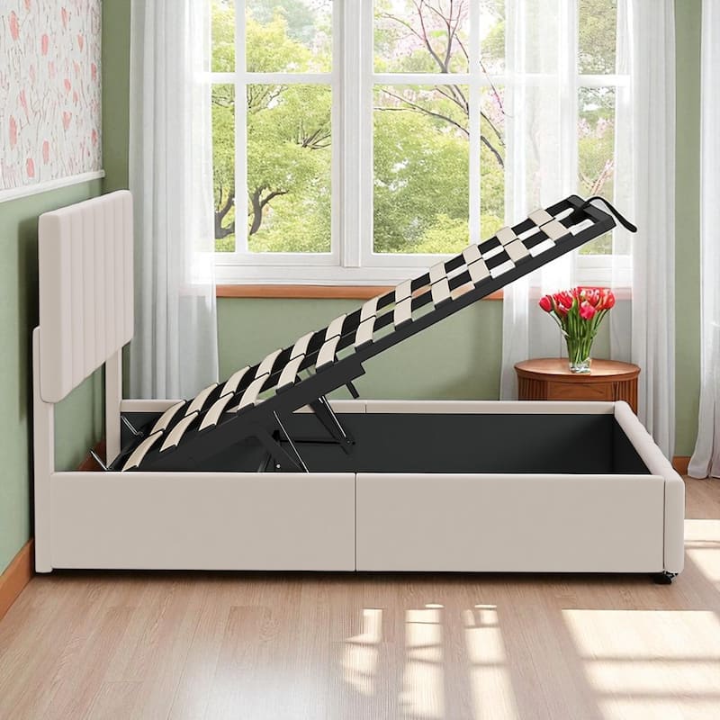 Full/Queen Upholstered Platform Bed with Hydraulic Lift Storage and Linen Headboard, No Box Spring Needed