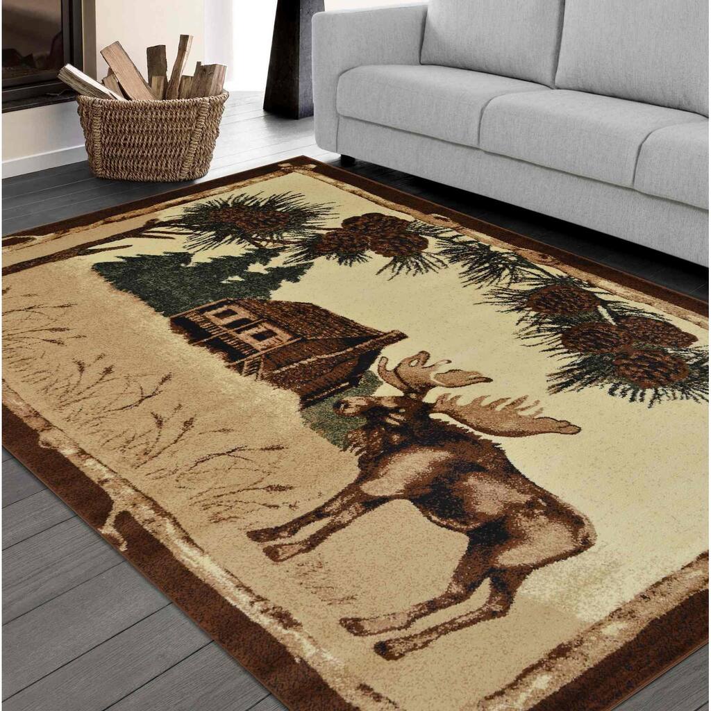 HR Cabin Nature and Animals Area Rug Moose and Cabin Rug