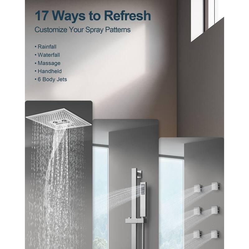 GRANDJOY Shower Faucet System 16 inch Ceiling Mount Shower Head 3 Spray Modes Handheld Spray with Slide Bar LED Music