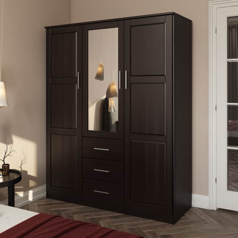 Palace Imports 100% Solid Wood Cosmo 3-Door Wardrobe Armoire with Solid Wood or Mirrored Doors - Java