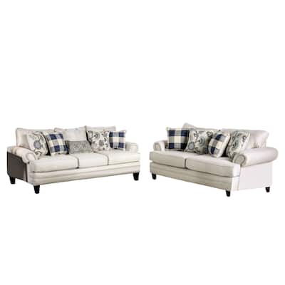 2 Piece Linen-like Fabric and Wood Sofa Set in Ivory Finish