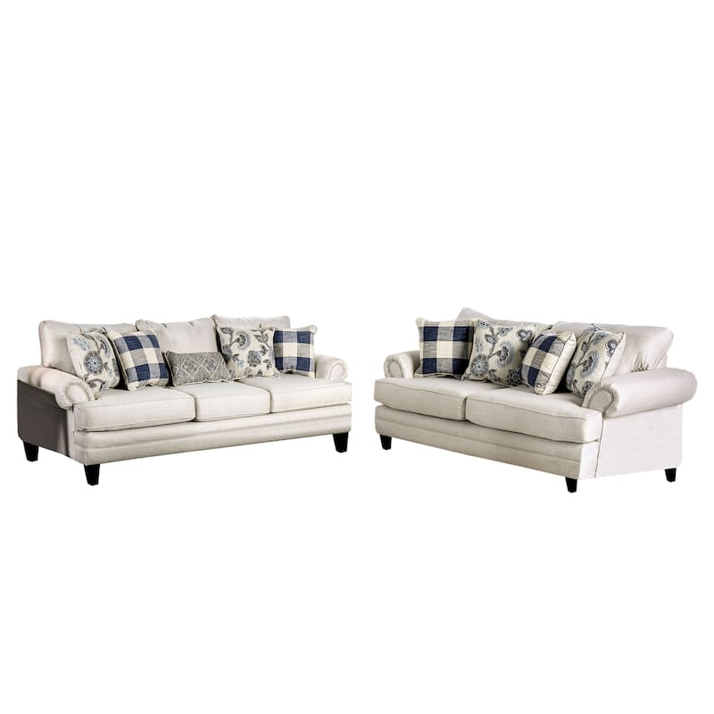 2 Piece Linen-like Fabric and Wood Sofa Set in Ivory Finish