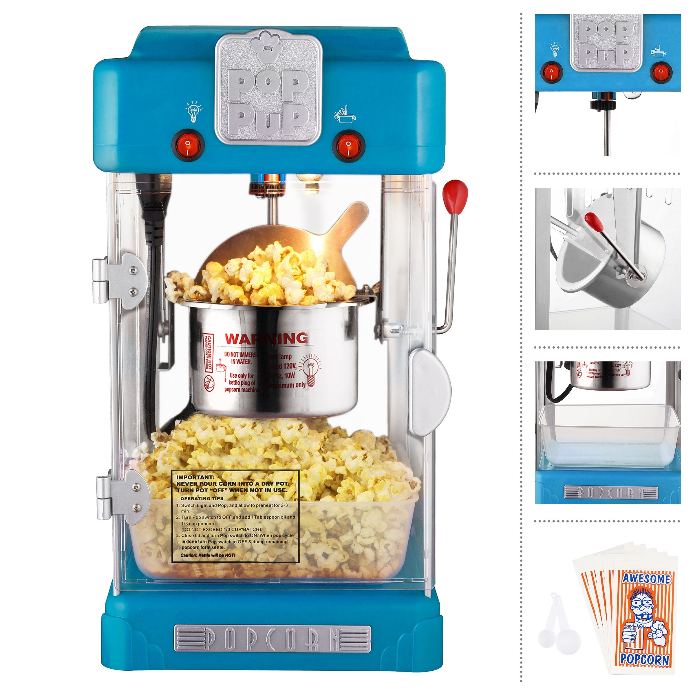 Great Northern Little Bambino 2.5 oz. Kettle Blue Countertop Popcorn Machine with Measuring Spoon, Scoop, and 25 Serving Bags