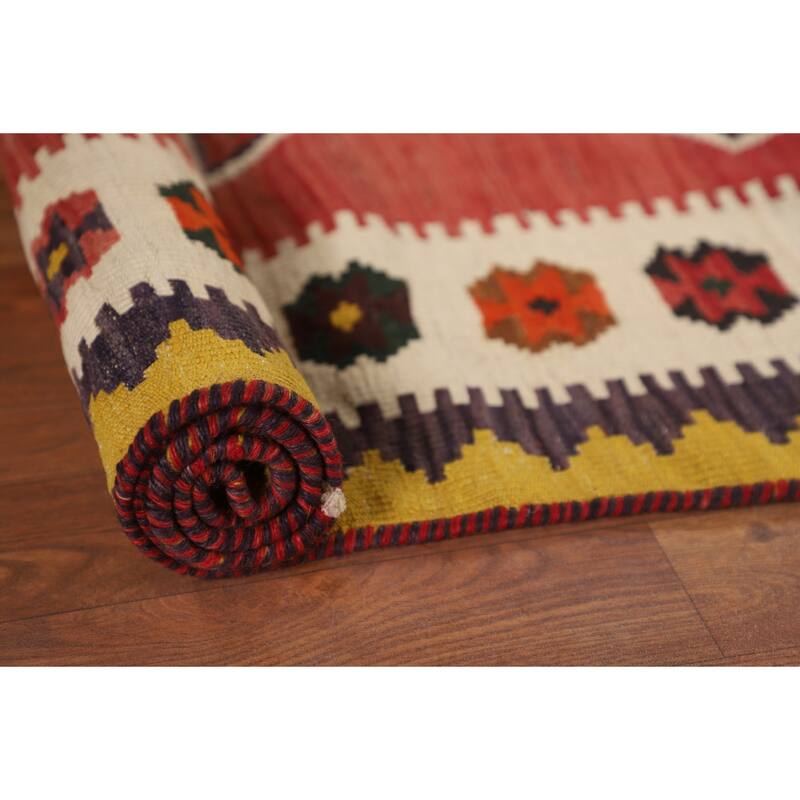Kilim Qashqai Persian Vintage Rug Hand-Woven Geometric Red Wool Carpet - 4'1"x 6'8"