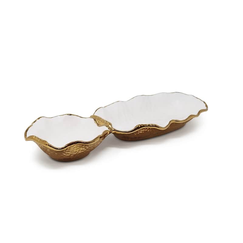 White Hammered 2 Bowl Relish Dish New Bone China With Gold Scalloped Edge