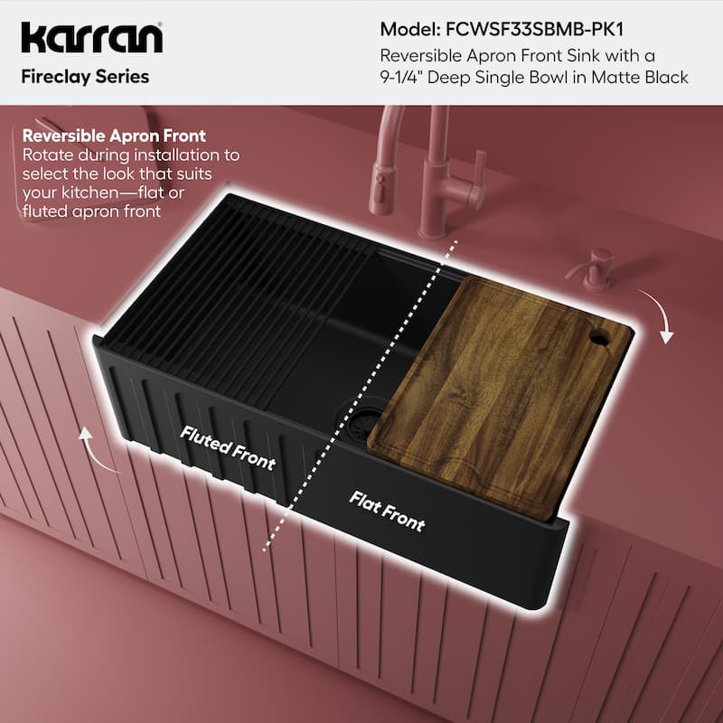 Karran 33" Single Bowl Workstation Fireclay Kitchen Sink with Reversible Fluted Apron Front