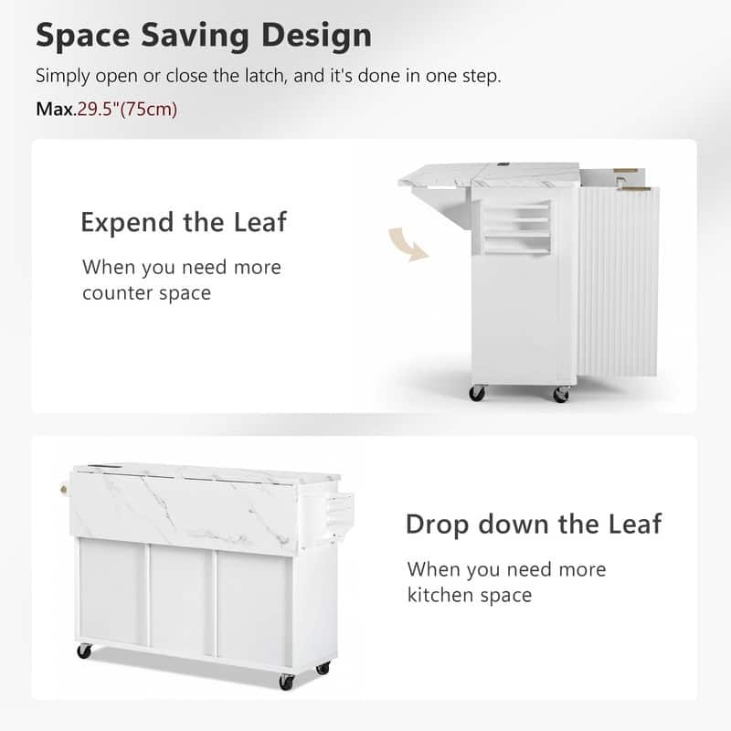 55.5" Fluted Kitchen Island with Drop Leaf and Storage Features Power Outlet and Adjustable Shelves
