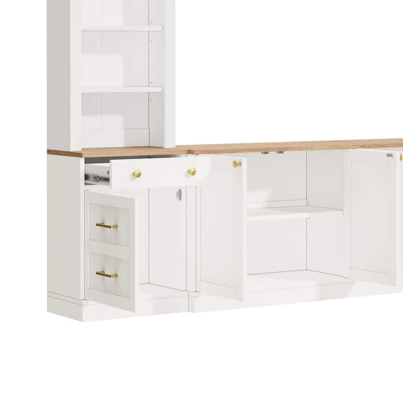 Farmhouse Arched Entertainment Center Wall Unit with Bookshelf,for TVs Up to 70",106"Multi-Functional Media Console with Drawer