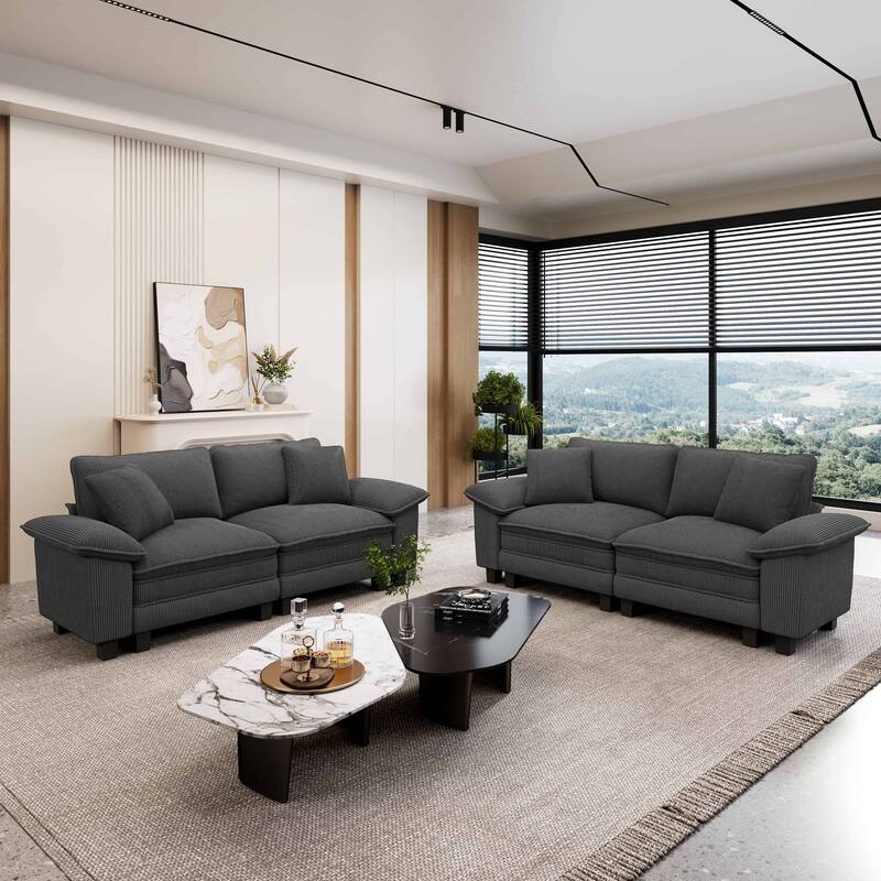 MAISON ARTS 2-Piece Chenille & Corduroy Sofa Set, Comfy 3/4/5-Seater Modular Loveseat & Armchair with Throw Pillows - Grey Corduroy(4 Pieces) - Left Facing