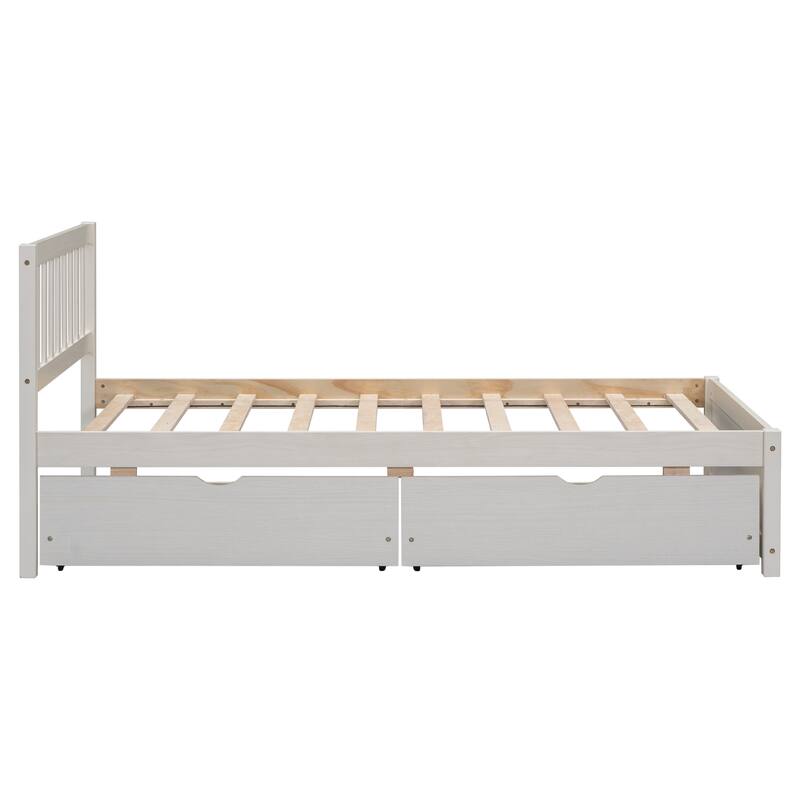 White Twin Wood Platform Bed with Storage Drawers, Contemporary Design, No Box Spring Needed