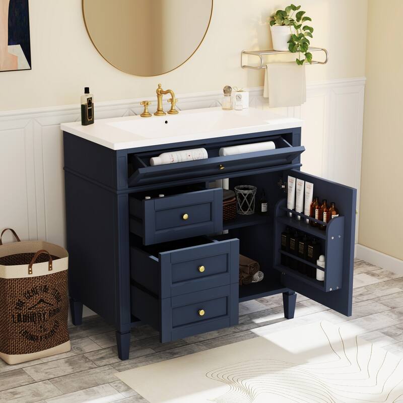 30''/36'' Bathroom Vanity with Top Sink, Modern Bathroom Storage Cabinet with 2 Drawers, a Tip-out Drawer & Adjustable Shelf - Dark Blue - 36''