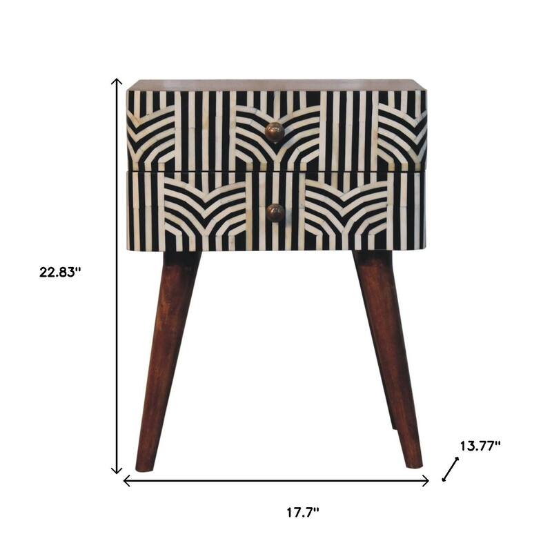 HomeRoots 23" Black White And Brown Solid Wood Geometric Bone Inlay Two Drawer Nightstand