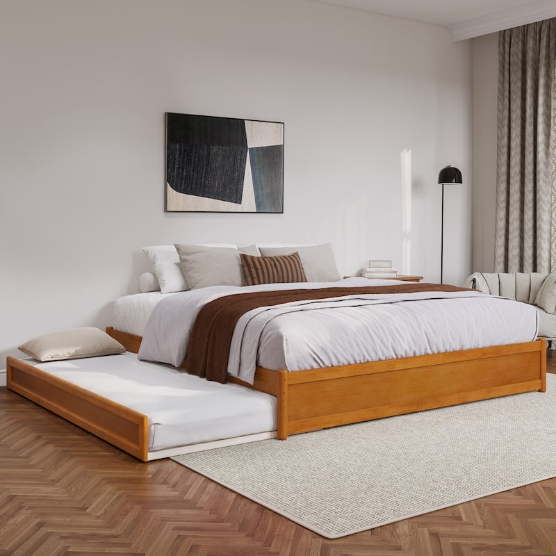 Barcelona Panel Platform Bed with Twin XL Trundle - Light Toffee - King