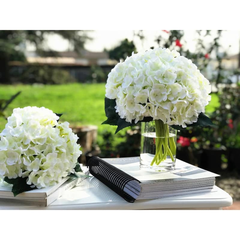 Enova Home Cream Artificial Silk Hydrangea Flowers Arrangement in Clear Cylinder Glass Vase with Faux Water for Home Decór