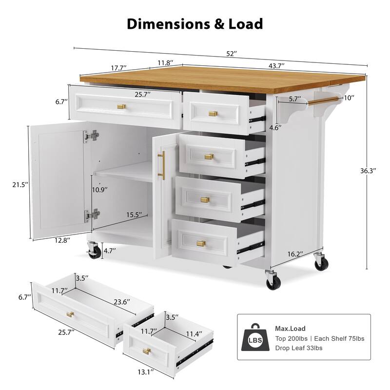 52" Rolling Kitchen Island Cart, Embossed Texture Kitchen Island on Wheels, Kitchen Storage Cart with Drop Leaf