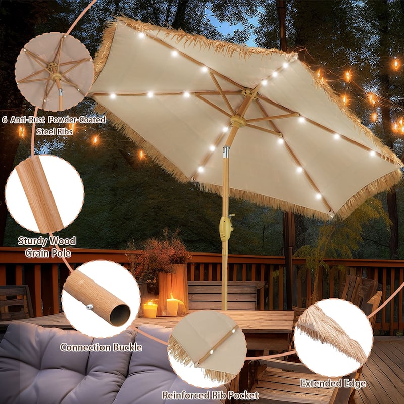 Autlaycil 7.5 ft Outdoor Patio Umbrella with 18 LED Lights Solar & Tassel.