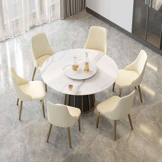 53'' White Sintered Stone Round Dining Table with Lazy Susan - Bed Bath ...