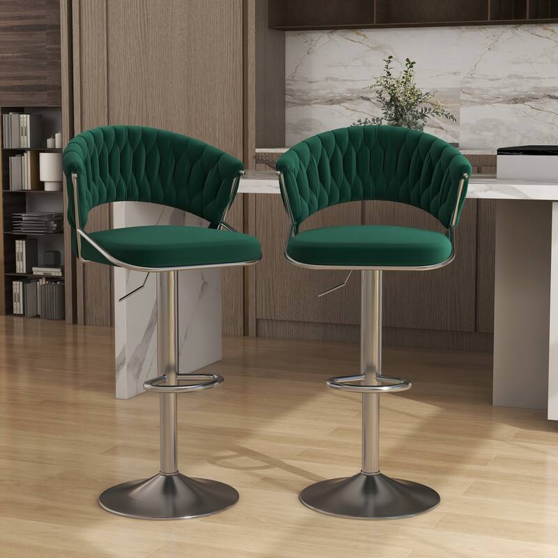 Set of 2 Modern Velvet Adjustable Bar Stools with Backs - Set of 2 - Dark Green Silver
