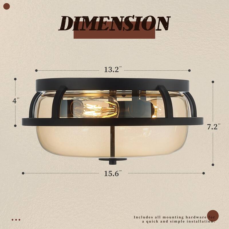 3-Light 15.6" Ceiling Mount Light, Clear Amber Glass Shade