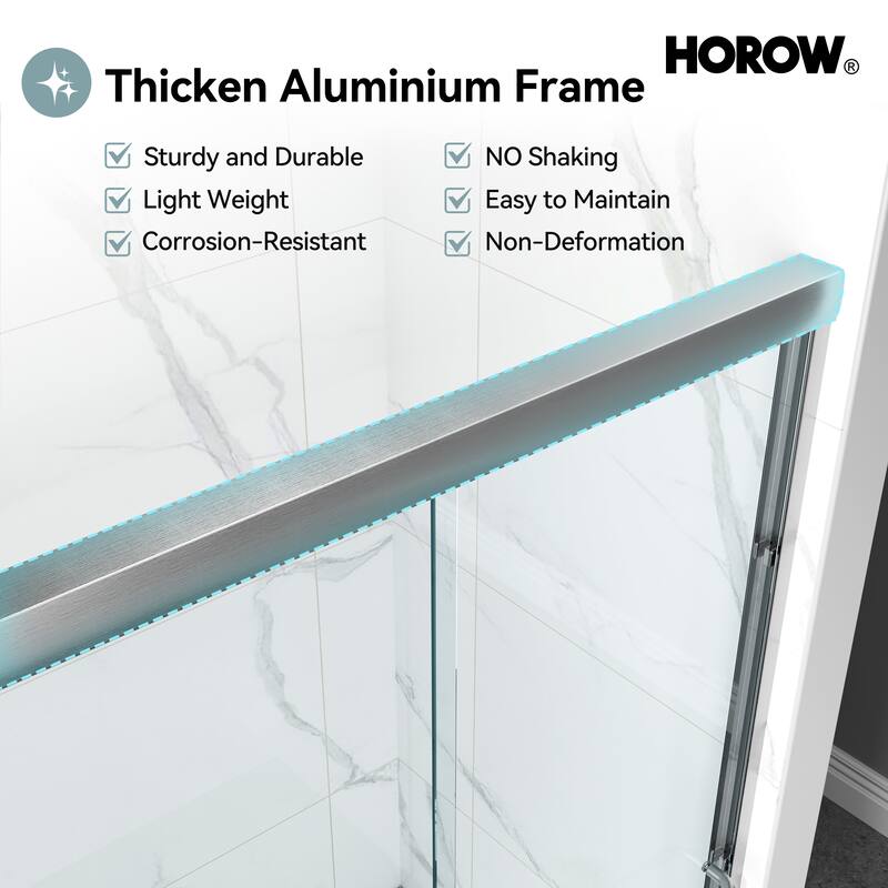 HOROW 44 to 48 Inch Wide 72 Inch High Double Sliding Semi Frameless Shower Door in Brushed Nickel with Clear Glass