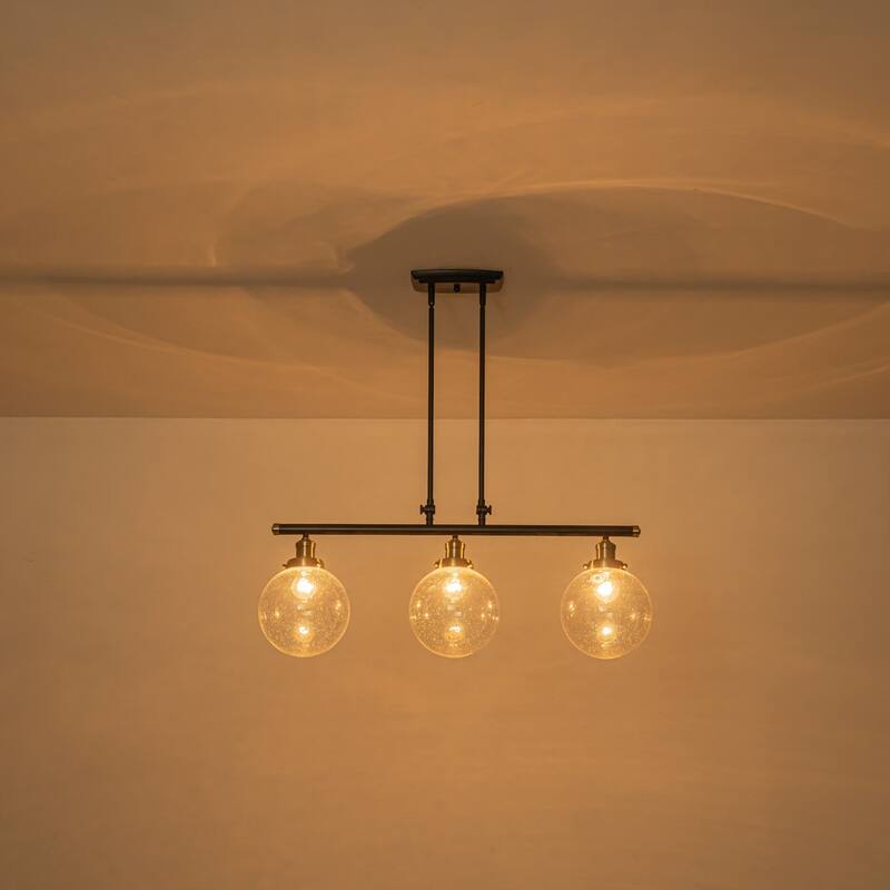34.5" W 3-Light Industrial Black and Gold Linear Adjustable Island Pendan Light with Clear Seeded Glass Globe for Dining Room