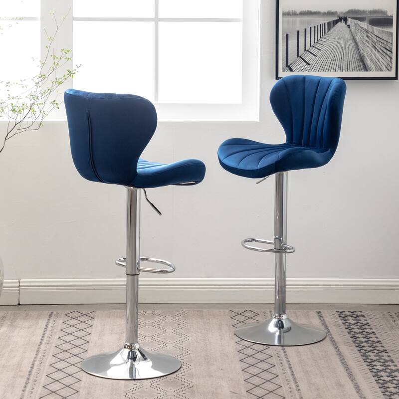 Set of 2 Adjustable Swivel Barstools with Upholstered Bucket Seats and Chrome Footrest.