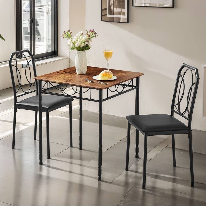 VECELO Industrial 3-Piece Space-Saving Square Dining Set MDF Table with Black PU Leather Dining Chairs Small Spaces