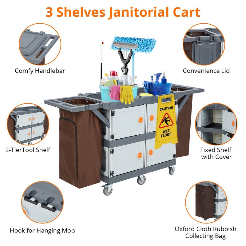 3 Layer Cleaning Cart with 4 Cabinet, 220 Lbs Heavy Duty Commercial Janitorial Cart