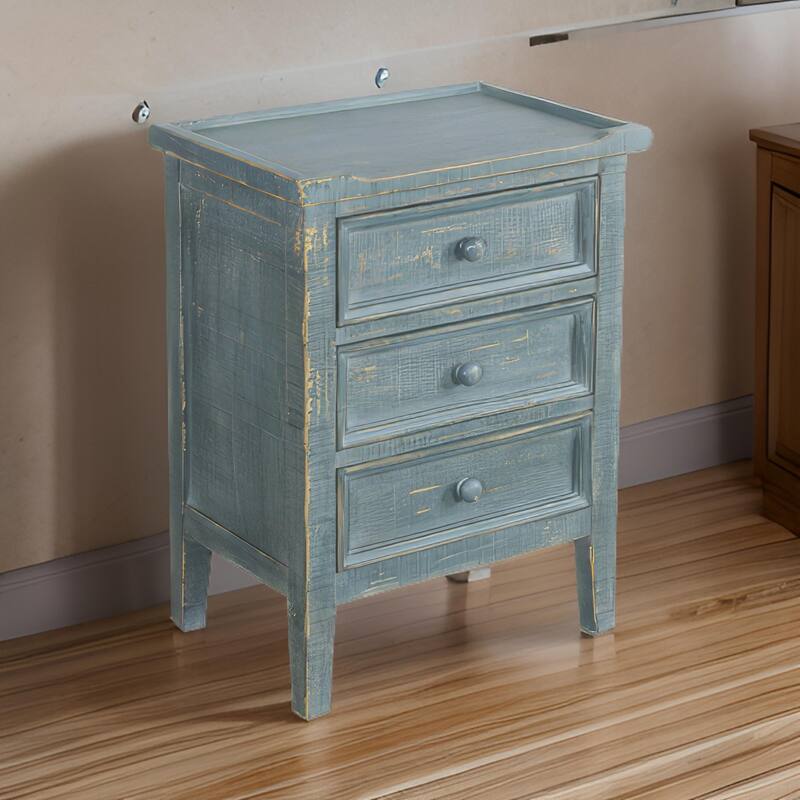 Rena Side End Table with 3 Drawers, 19 Inch Rustic Green Mahogany Wood