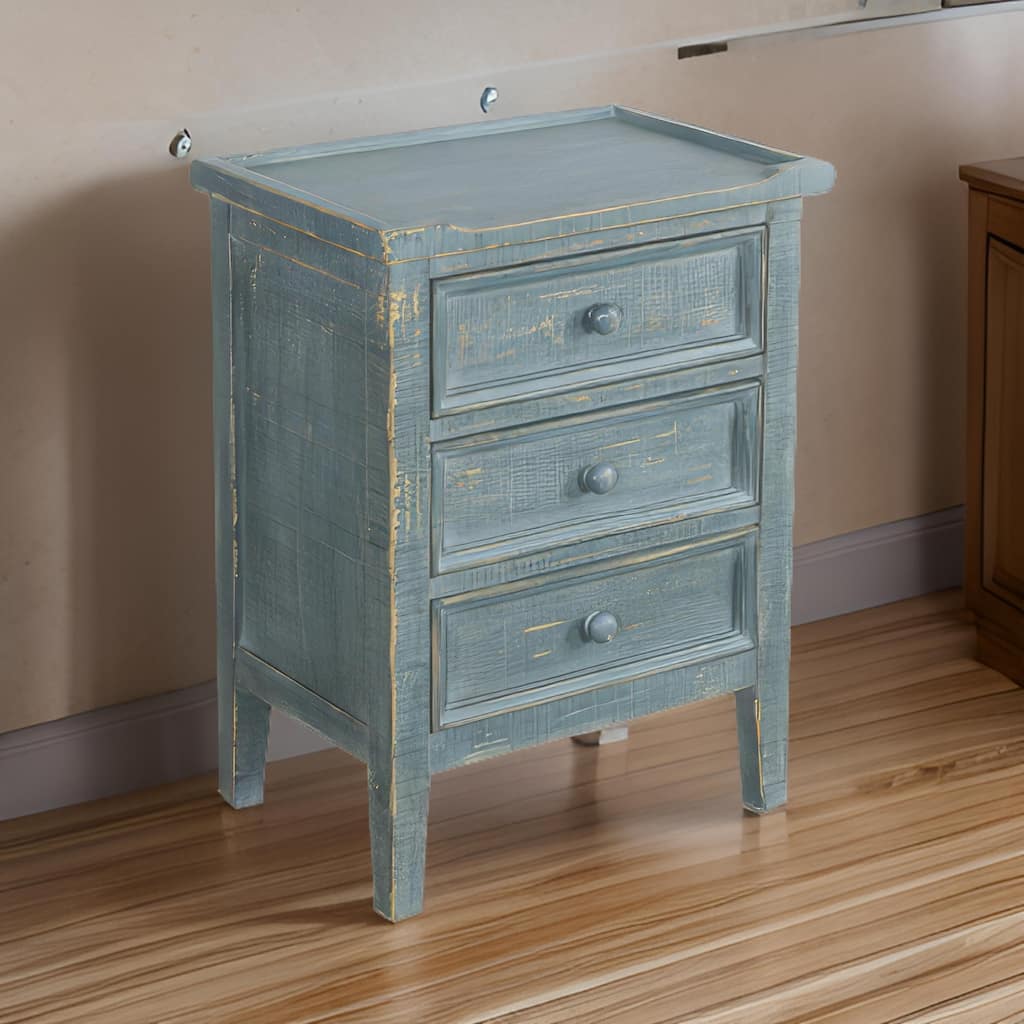 Rena Side End Table with 3 Drawers, 19 Inch Rustic Green Mahogany Wood