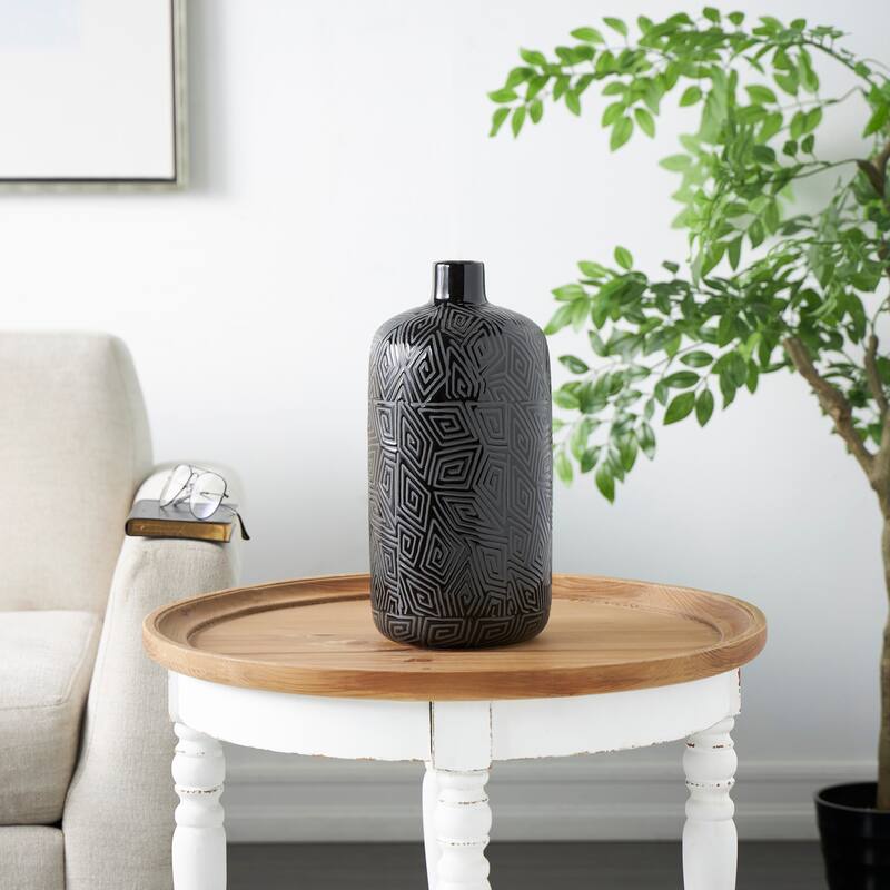 Black Ceramic Vase with Geometric Etchings - Black - 7"W, 15"H
