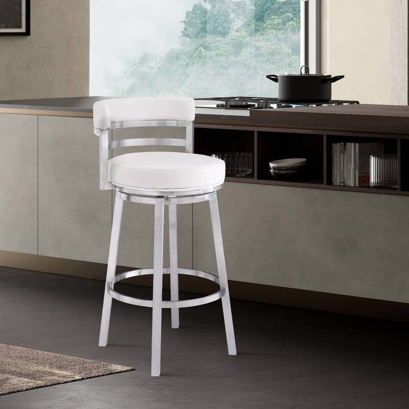 Titana Faux Leather Upholstered Swivel Bar/Counter Stool in Brushed Stainless Steel - White - Counter Height