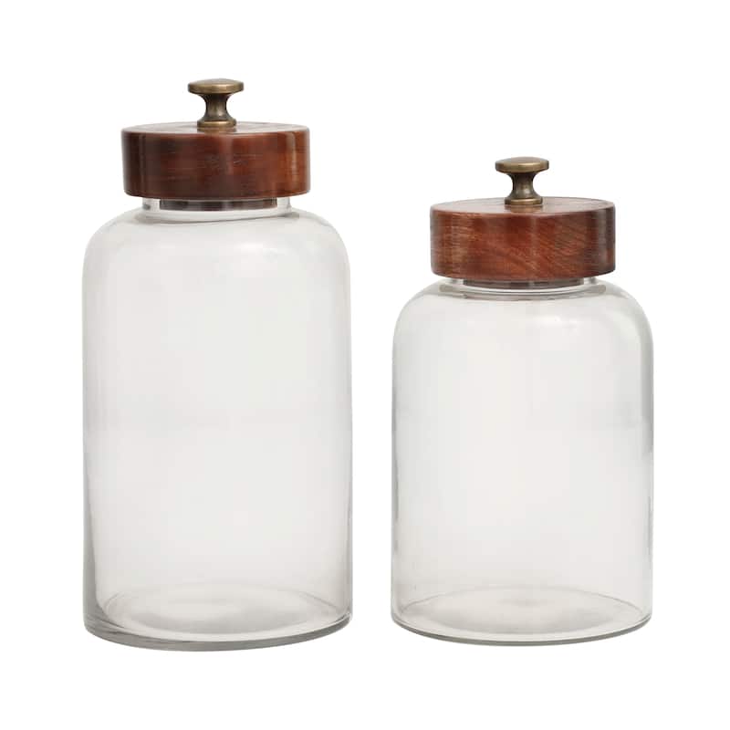 Glass Canisters with Brown Removable Lids and Antique Knobs - Set of 2 Clear - Roche River Decor - 5"W x 5"L x 11"H