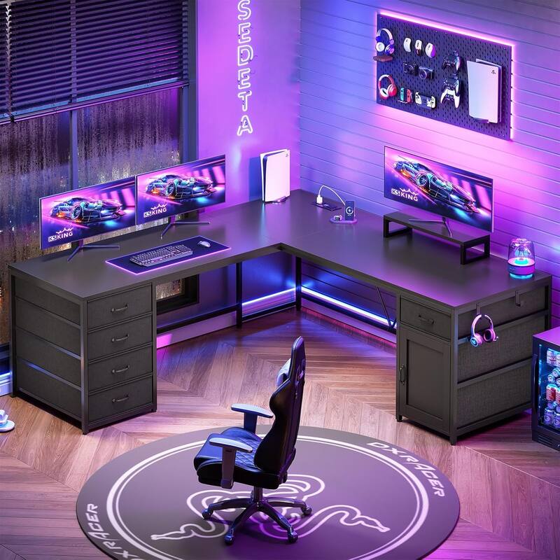 L Shaped Computer Desk 5 fabric Drawers Gaming Desk Storage Shelf - 63" - Black