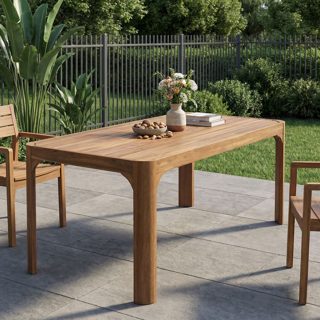 Modern Acacia Wood Outdoor Rectangular Dining Table with Teak Finish and Slatted Weather-Resistant Patio Design