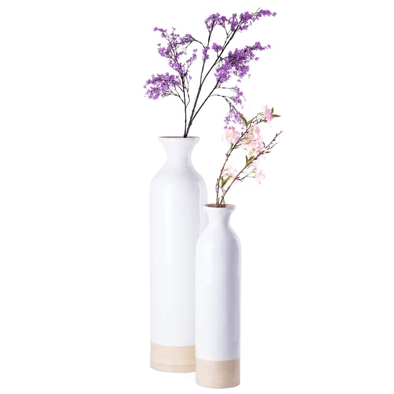 Elegant Black or White Cylinder Shaped Tall Spun Bamboo Floor Vases, Natural Bamboo Finish Heights of 31 and 23.5 Inches - Set of 2 White