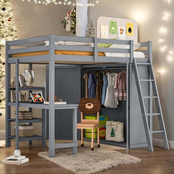 slide 2 of 14, Multi-Functional Full Size Loft Bed with Wardrobe and Desk, Sturdy Construction & Safety Guaranteed, Maximized Space, Grey Grey
