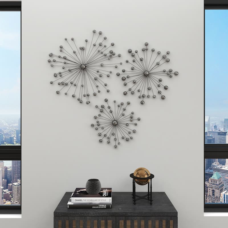 Black Metal Sunburst Home Wall Decor with Crystal Embellishment (Set of 3)