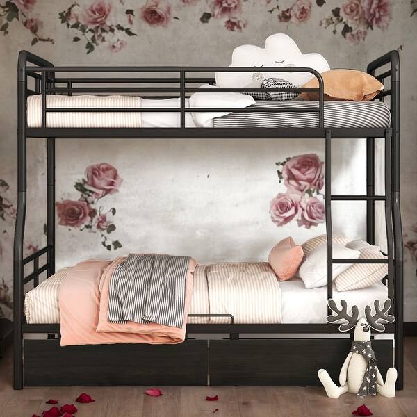 slide 2 of 14, Modern Full XL Over Queen Bunk Bed with 2 Drawers,Save Space or Split Into 2 Beds for Bedroom Black