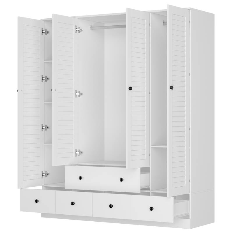 Modern 4-Door Wood Bedroom Armoire in White Closet Cabinet Wardrobe