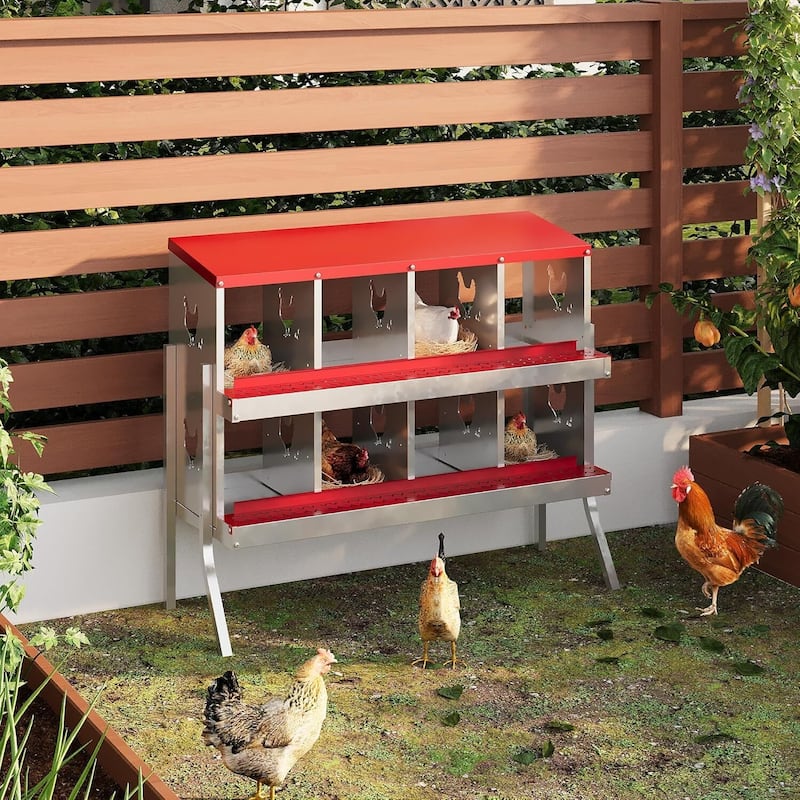 Wall-Mount or Free-Standing Metal Chicken Nesting Box for Hens, Red with Legs - Red 8 Compartments